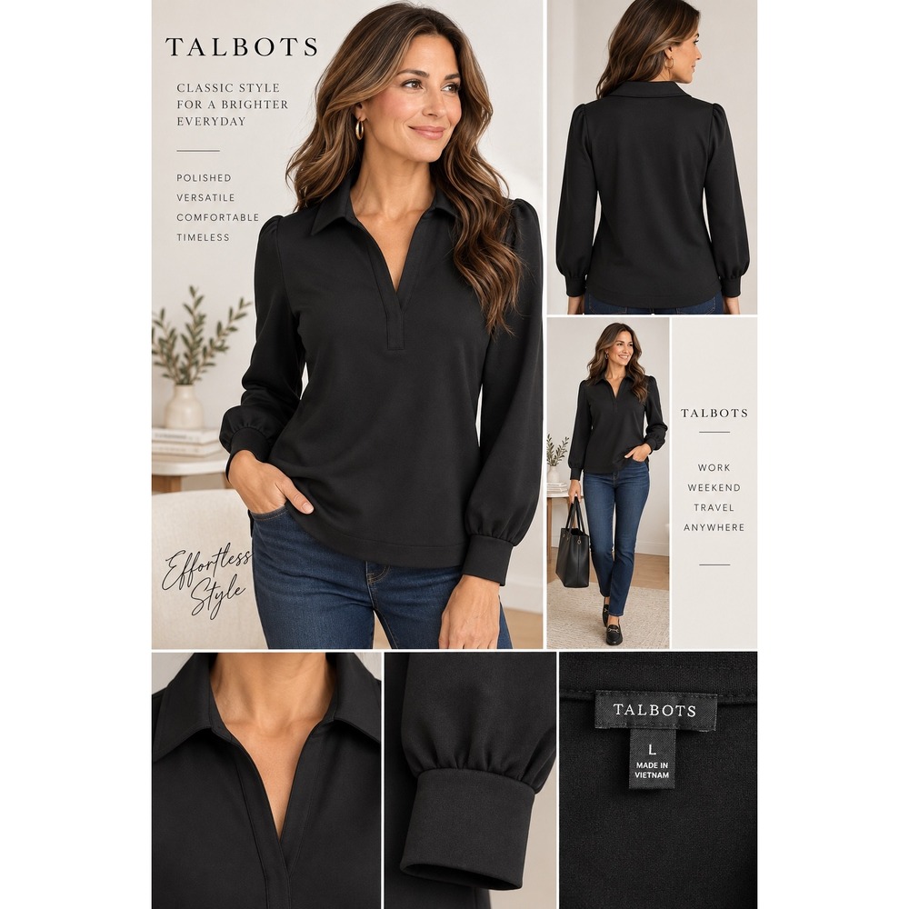 Talbots Womens Large Black Collared V Neck Pullover Stretch Top Long Sleeve